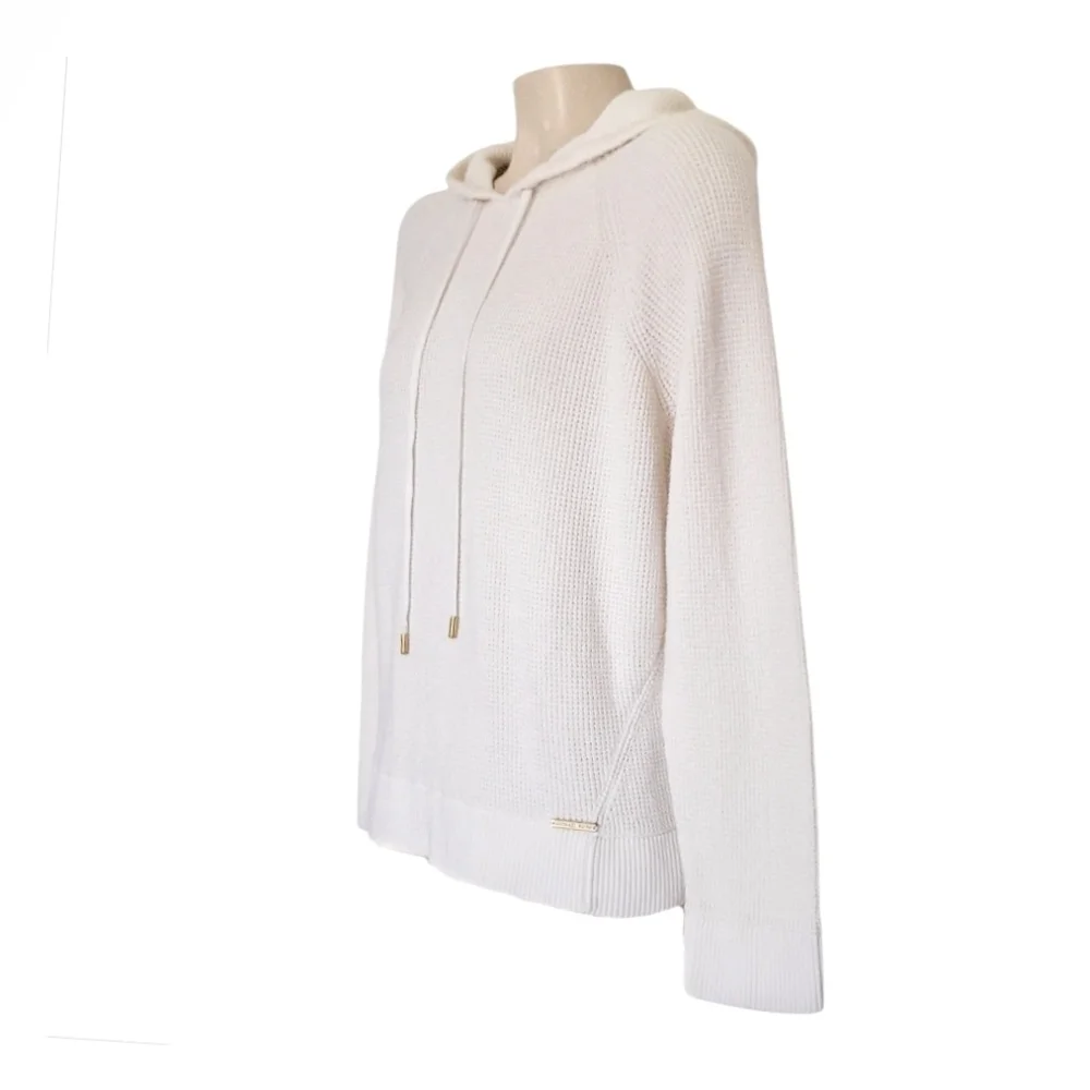 MICHAEL Kors Ivory Waffle Knit Cotton Blend Pullover Hoodie Sweater Loungwear L
